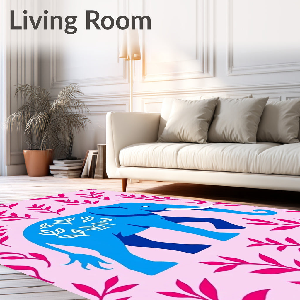 Vibrant blue elephant surrounded by foliage Rug