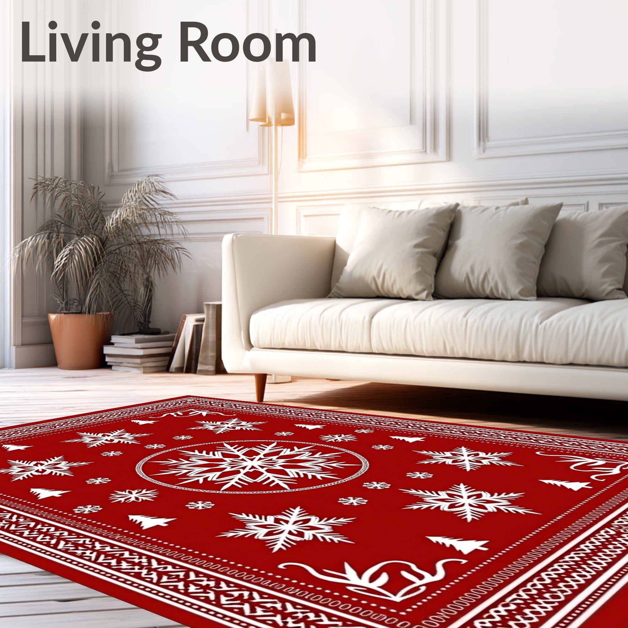 Festive Red Snowflake Christmas Scene Rug