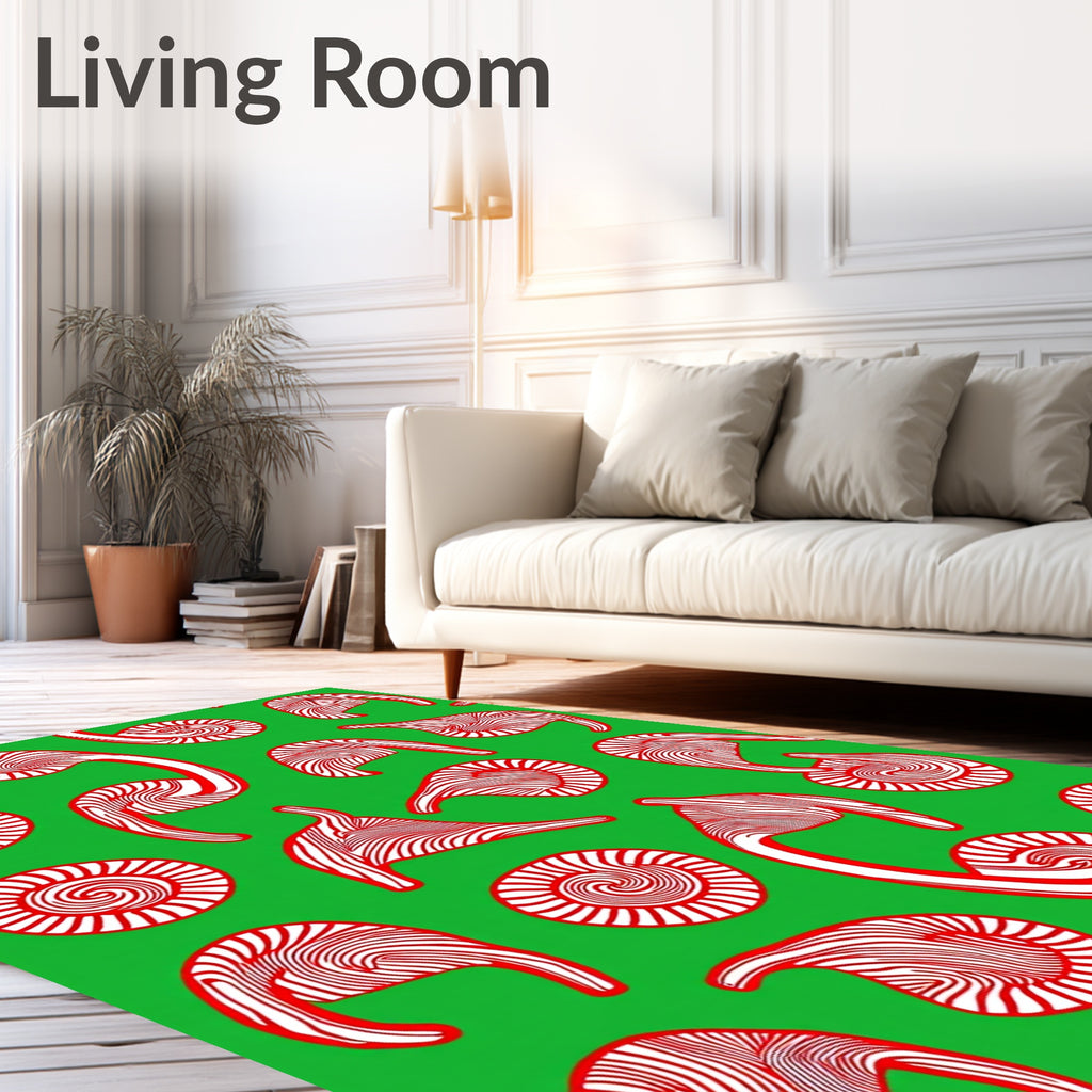 Red White Swirls On Green Field Rug