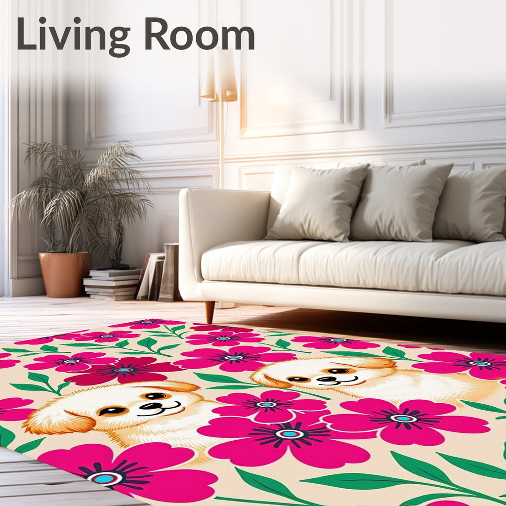 Playful Puppies Pink Floral Garden Rug