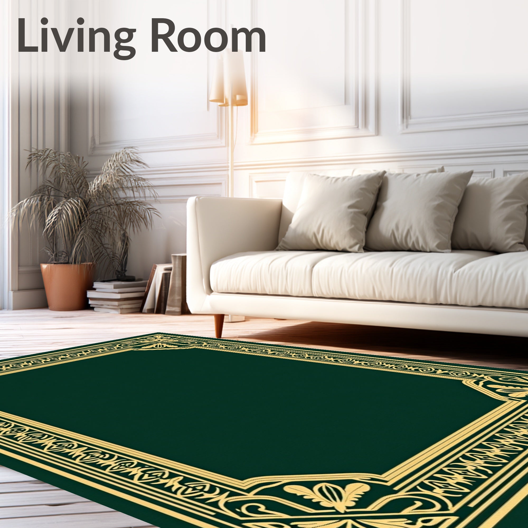 Ornate Gold Scrollwork Emerald Border Rug