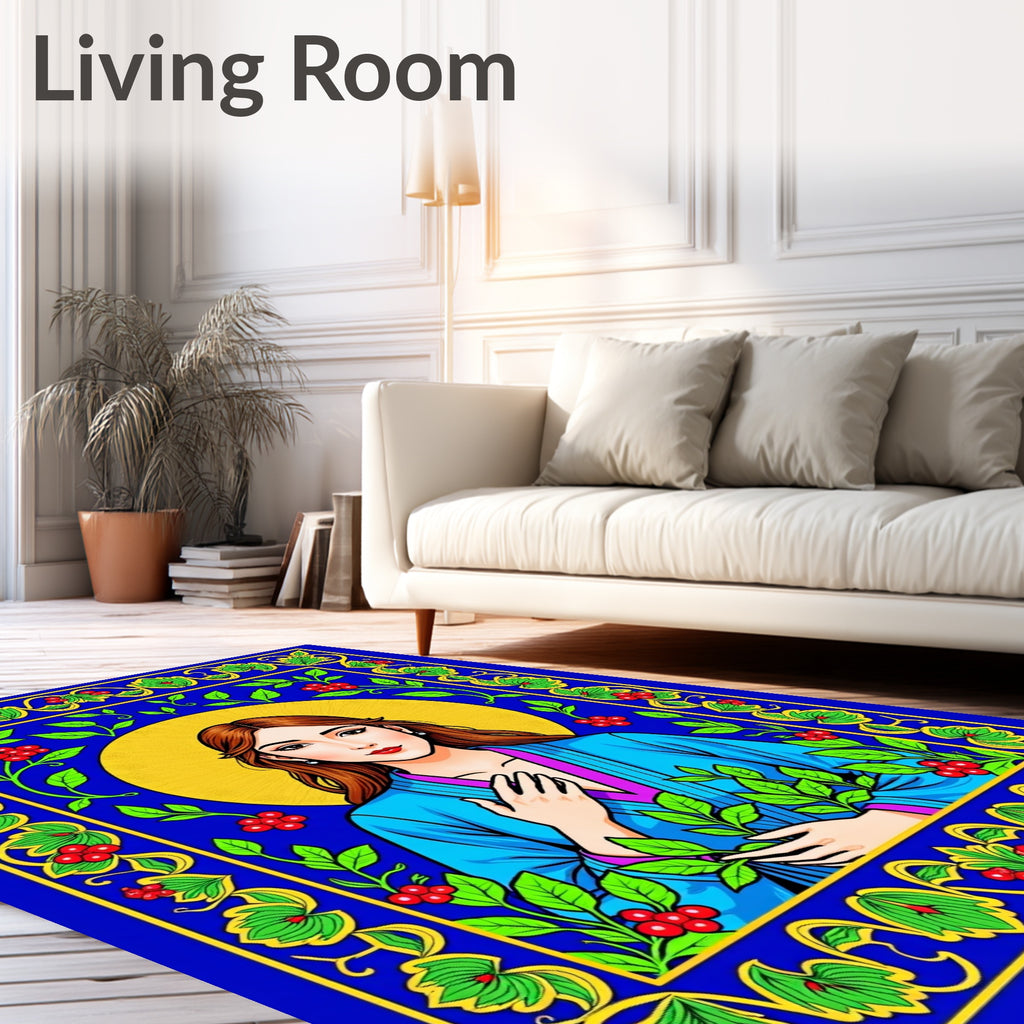 Blue Golden Halo Woman Botanical Border Rug