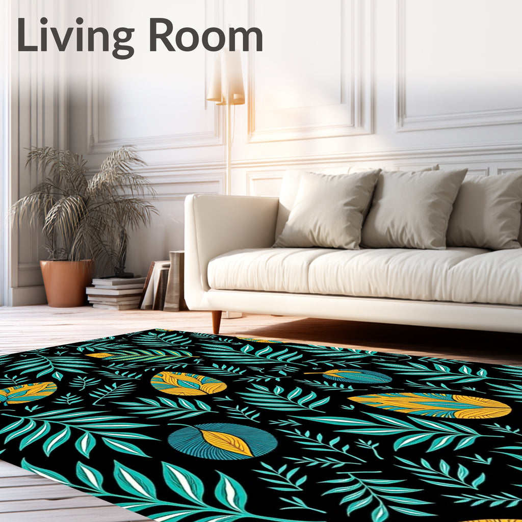 Teal Yellow Leafy Tropical Collage Rug