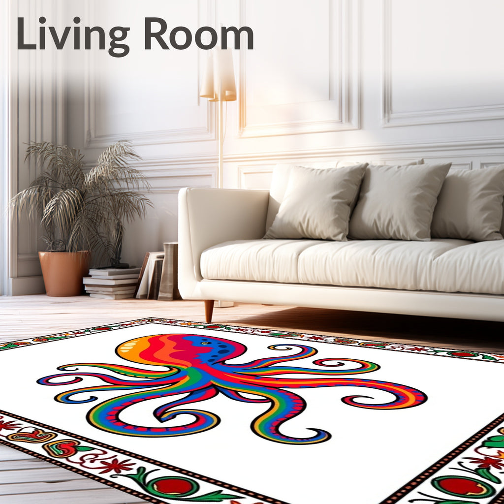 Vibrant Rainbow Octopus In Ornate Border Rug