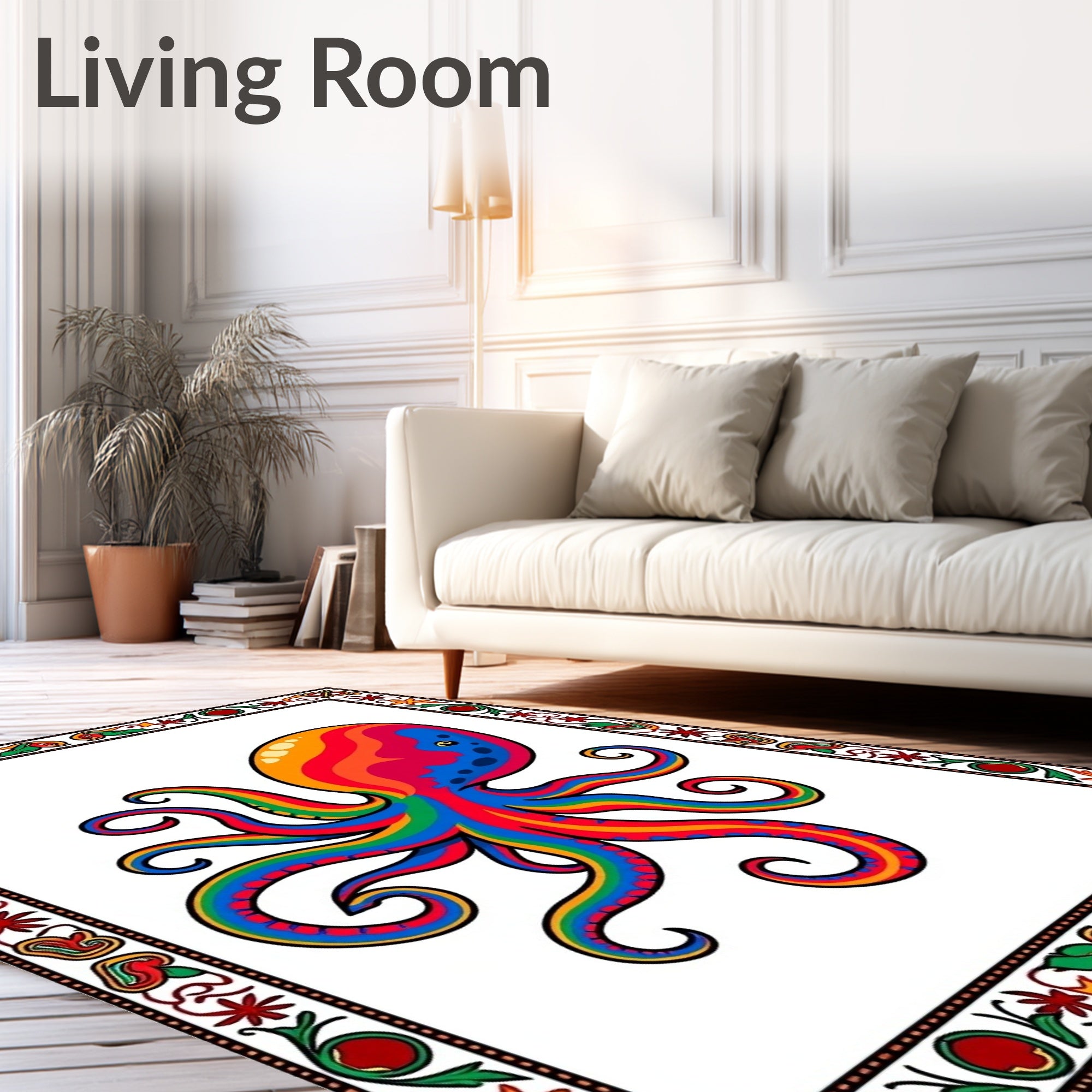 Vibrant Rainbow Octopus In Ornate Border Rug
