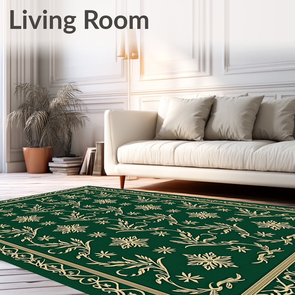 Elegant Emerald Floral Vine Border Rug