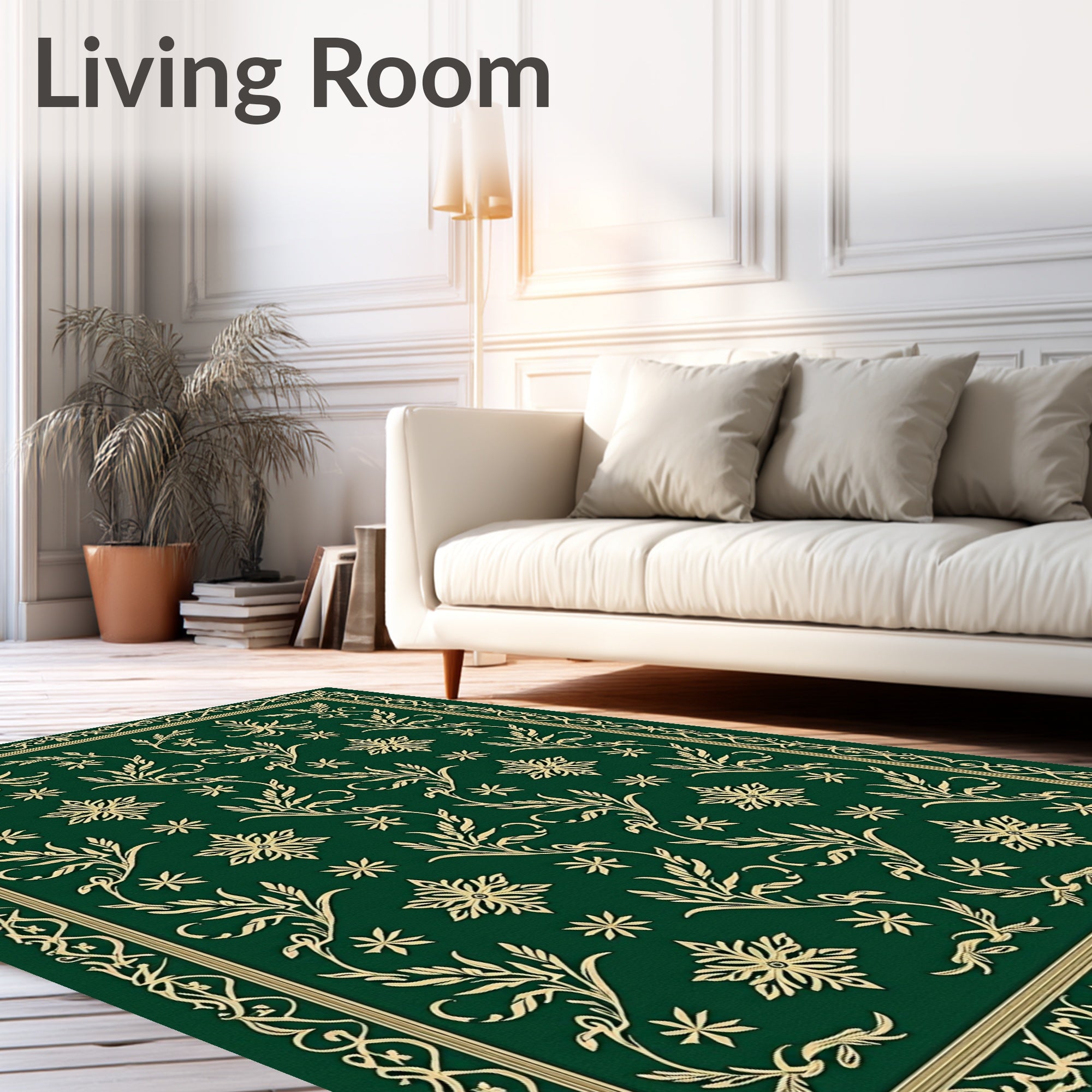 Elegant Emerald Floral Vine Border Rug