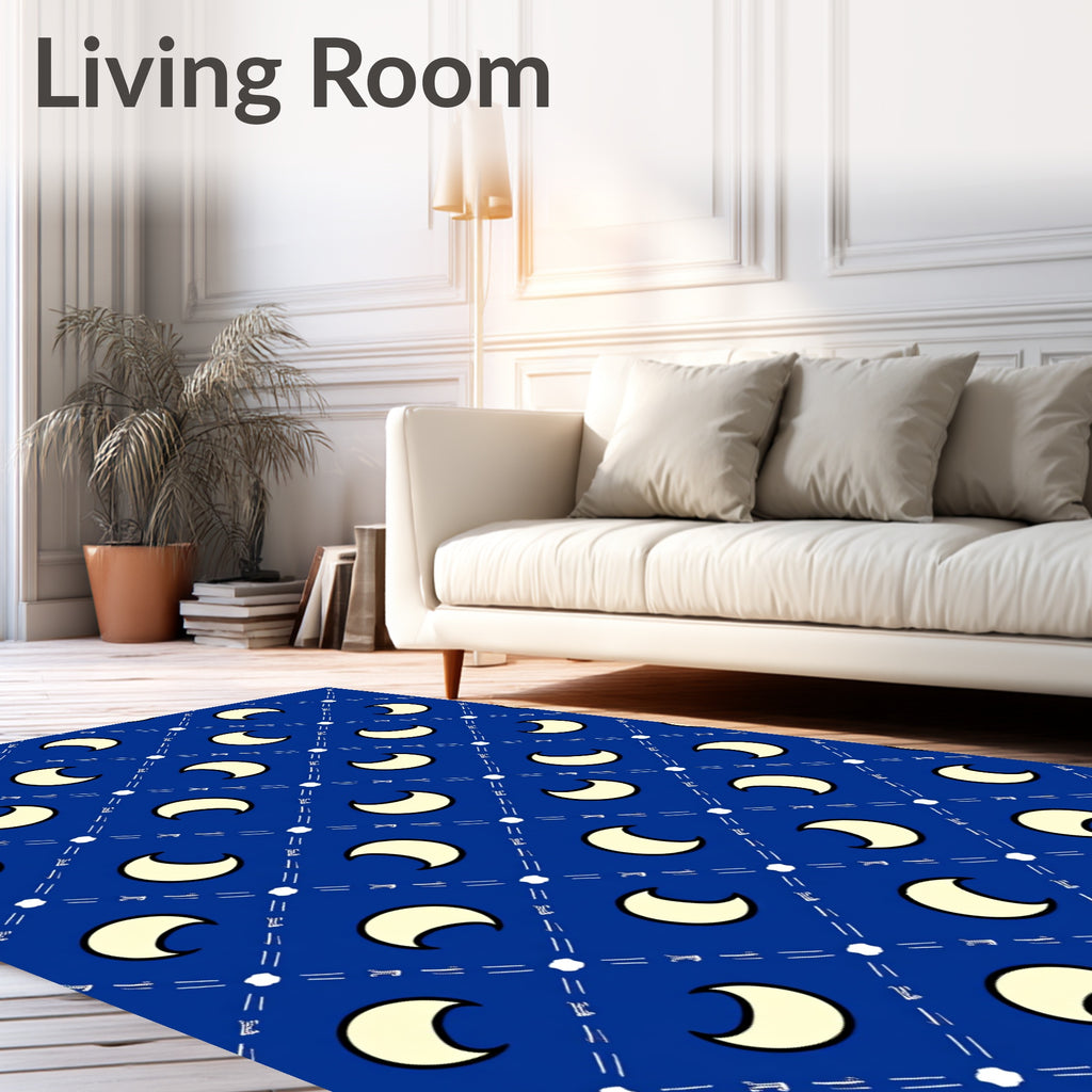 Celestial Blue Crescent Moon Grid Rug