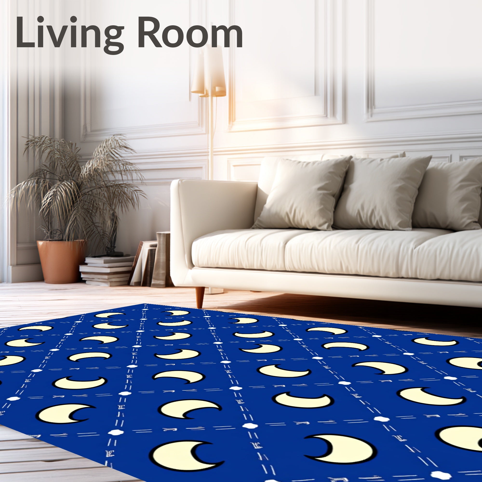 Celestial Blue Crescent Moon Grid Rug