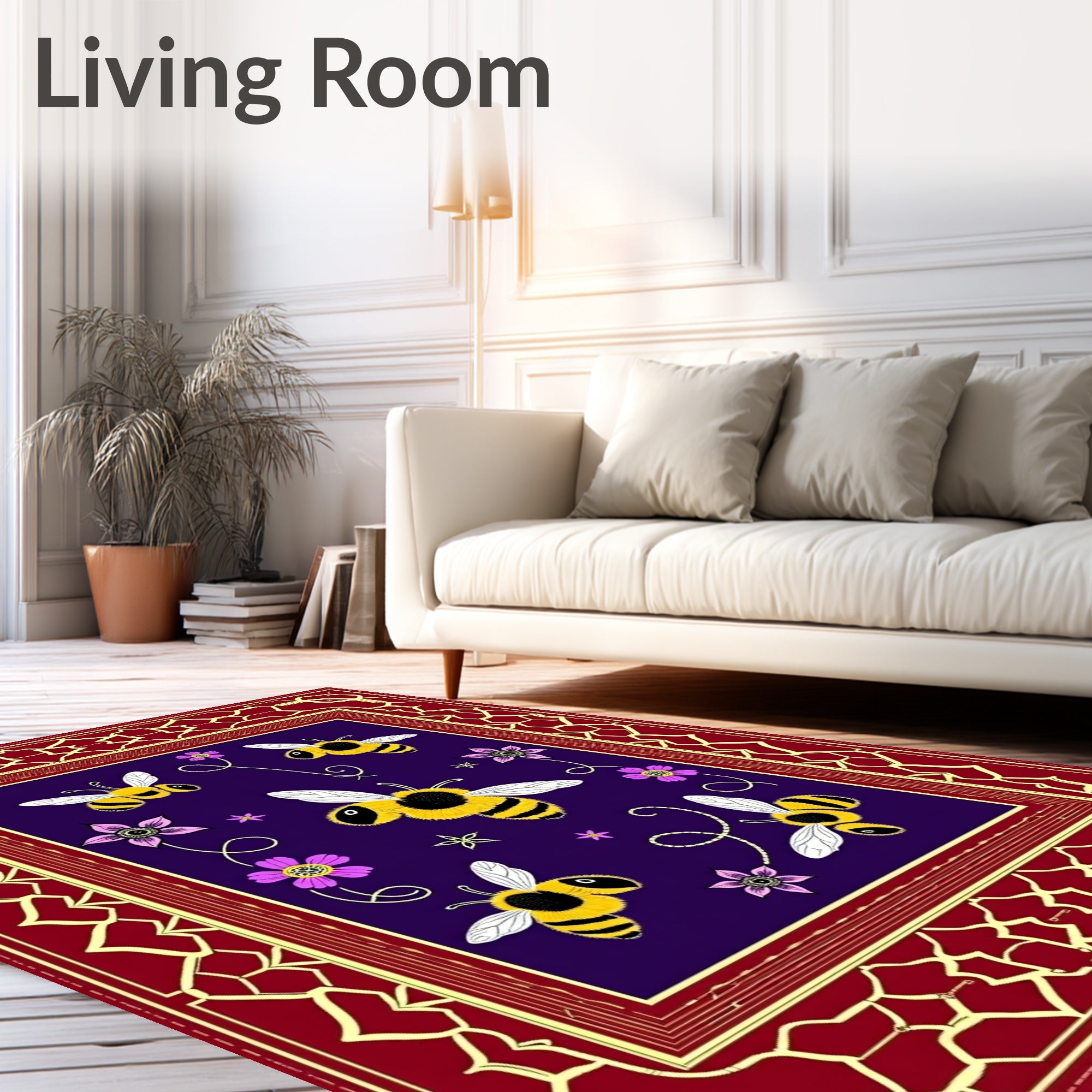 Whimsical Yellow Bee Violet Flowers Rug
