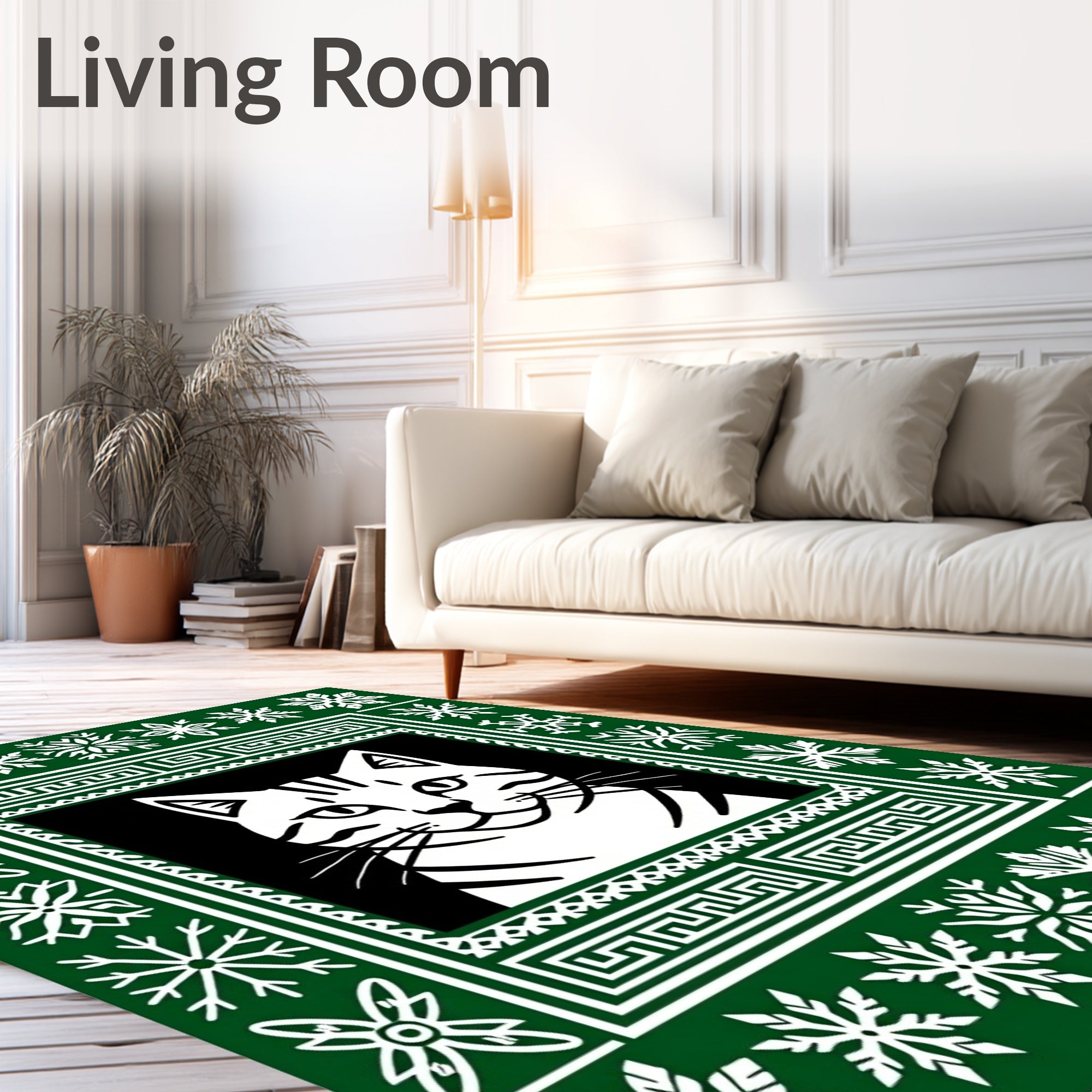 Green White Snowflakes Cat Portrait Rug