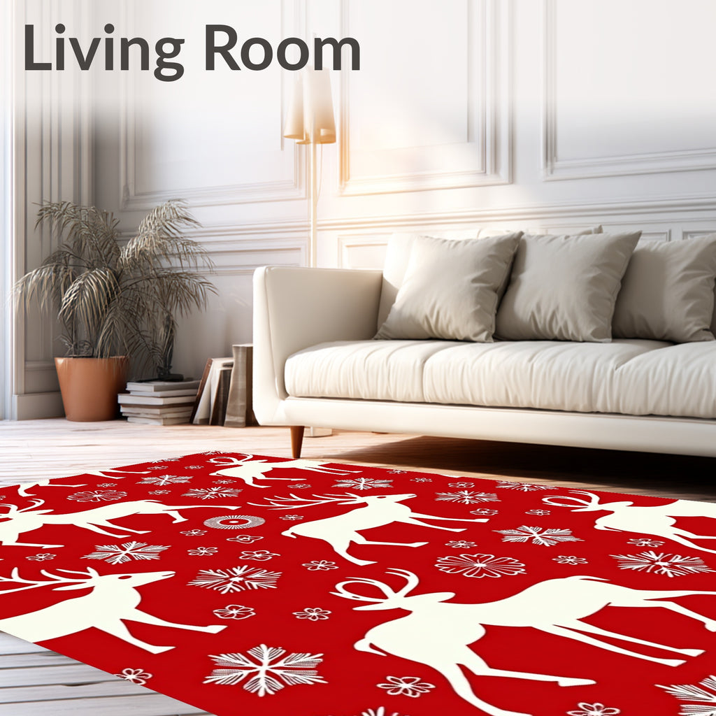 Red White Reindeer Snowflakes Holiday Rug