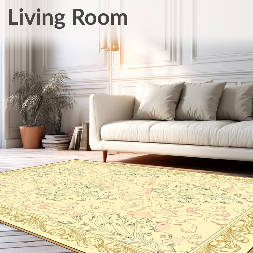 Cream and Gold Baroque Floral Border Rug