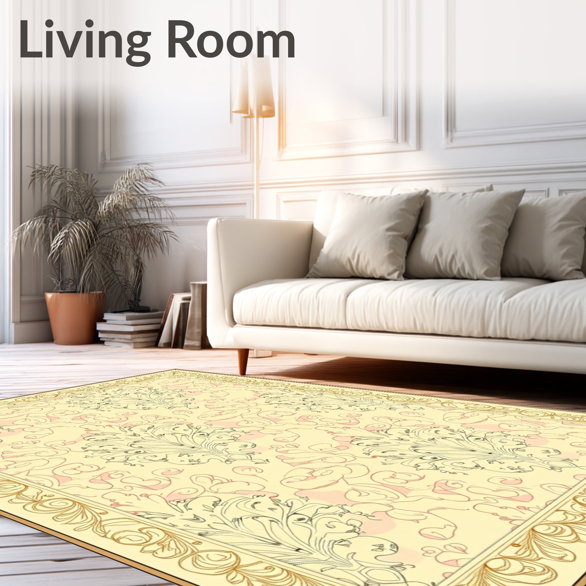 Cream and Gold Baroque Floral Border Rug
