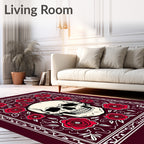 Crimson Red Rose Skull Border Rug