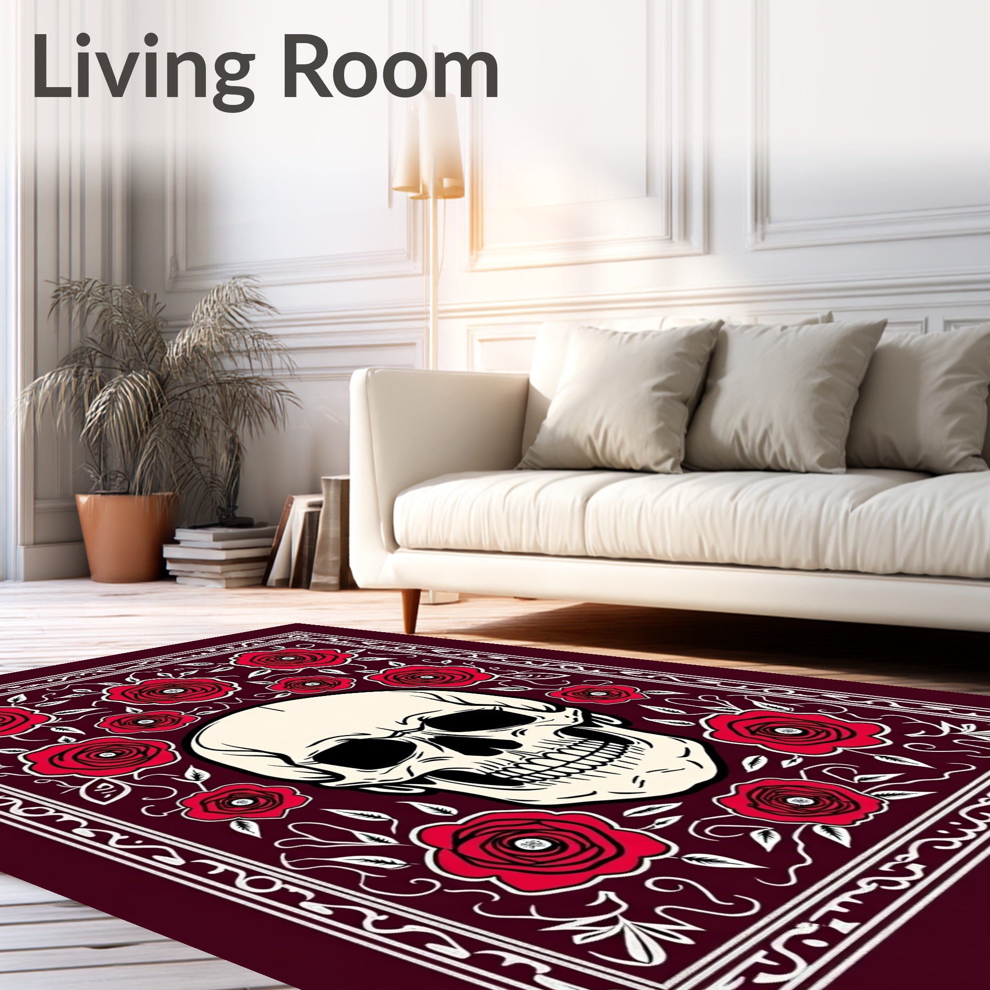 Crimson Red Rose Skull Border Rug