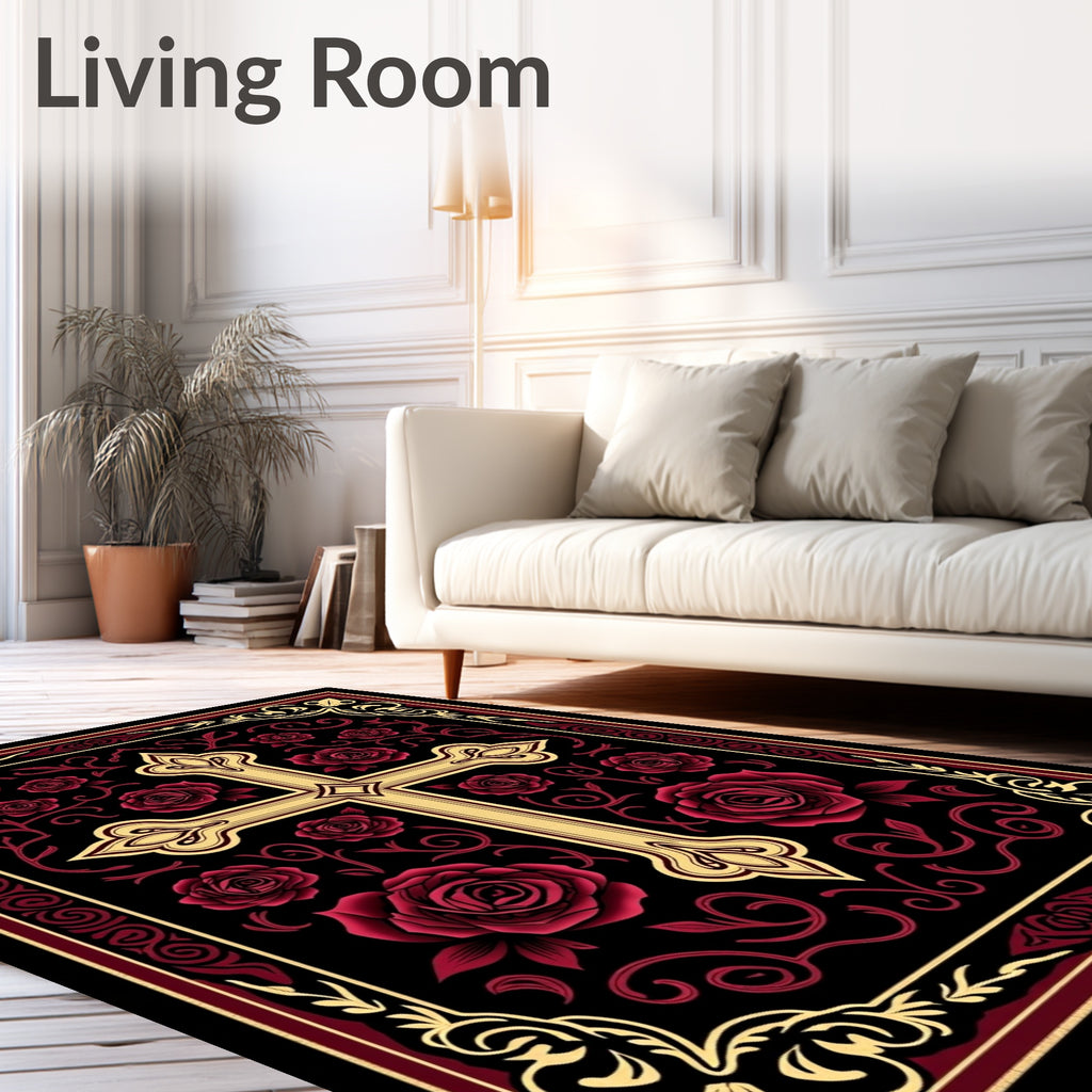Crimson Rose Cross Ornate Border Rug