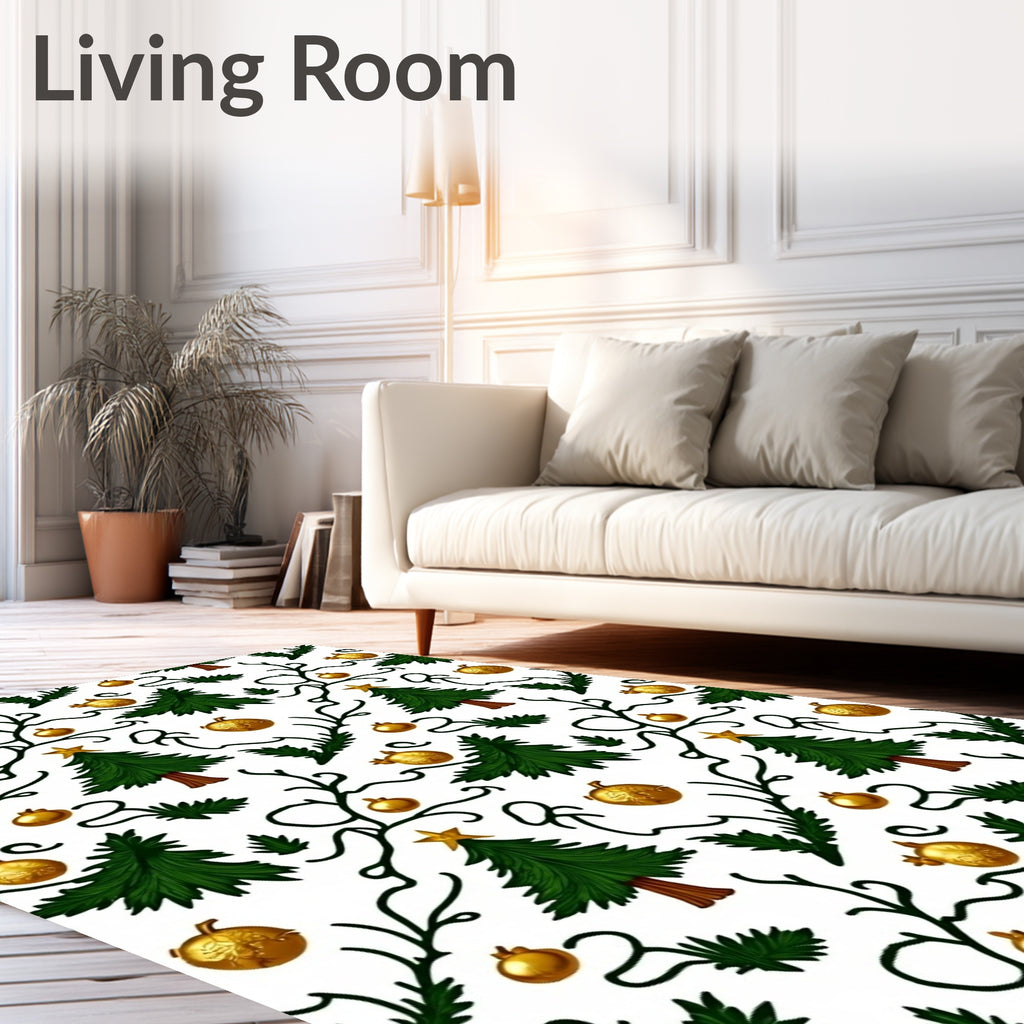 Golden Ornaments Green Christmas Tree Garland Rug