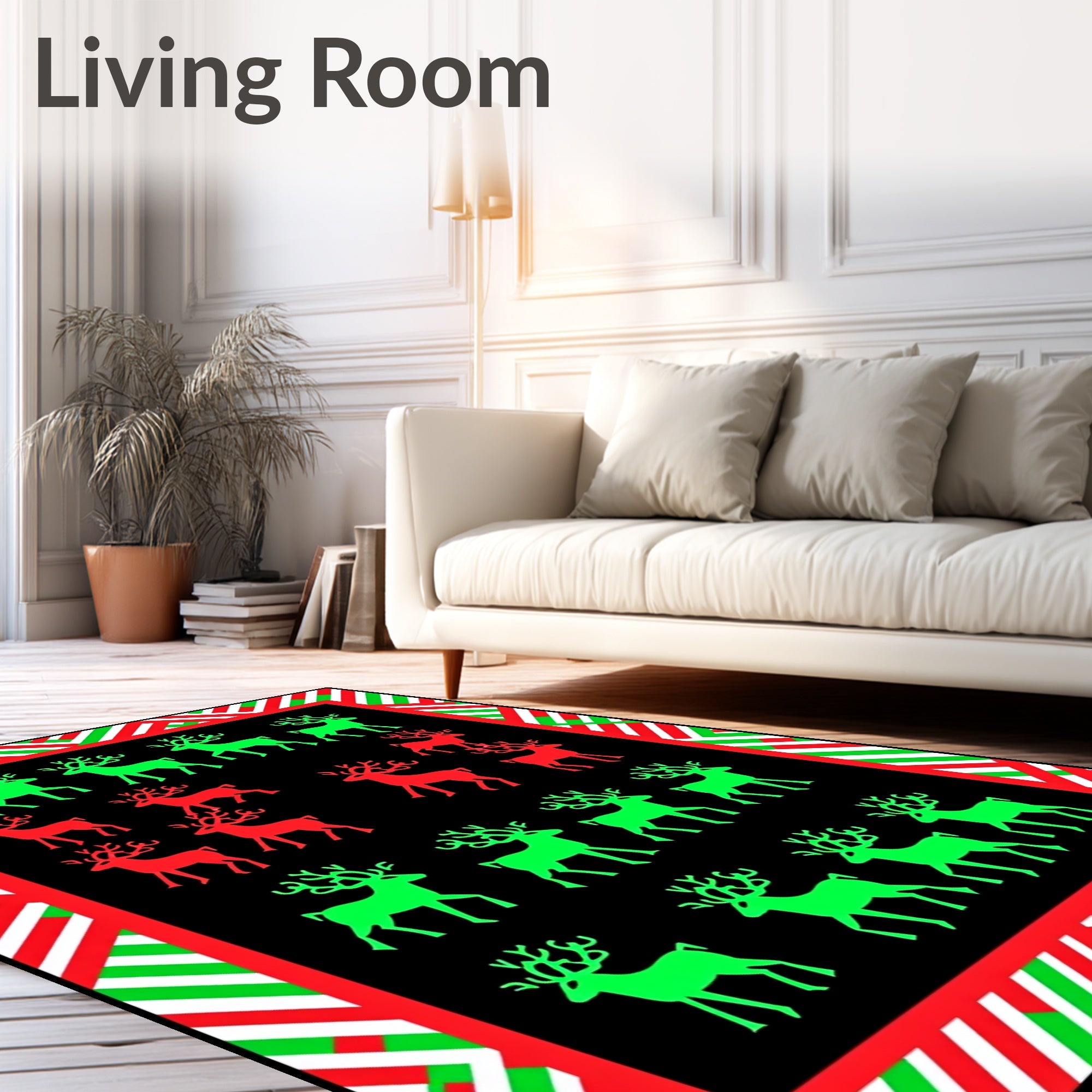 Red Green Reindeer Black Border Rug