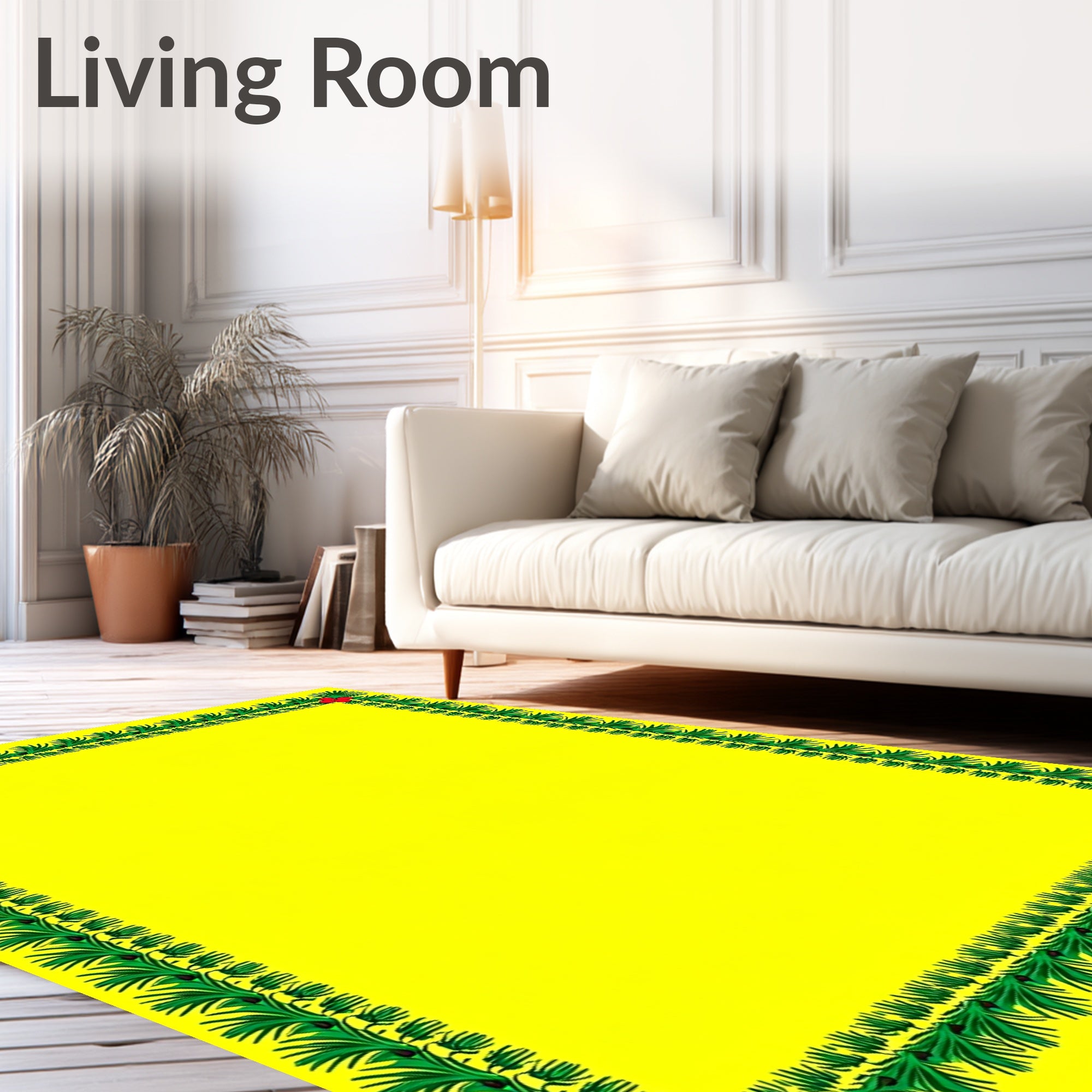 Bright Yellow Green Branch Botanical Border Rug