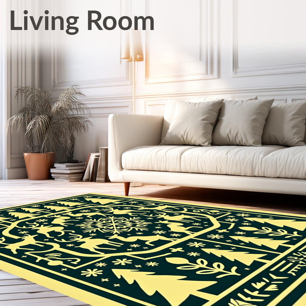 Festive Yellow Reindeer Snowflake Forest Rug