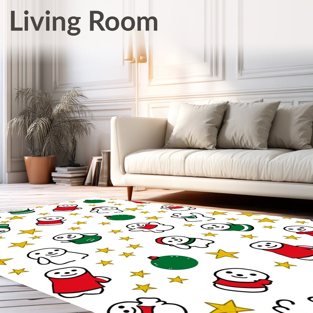 Whimsical Christmas Figures Golden Stars Rug