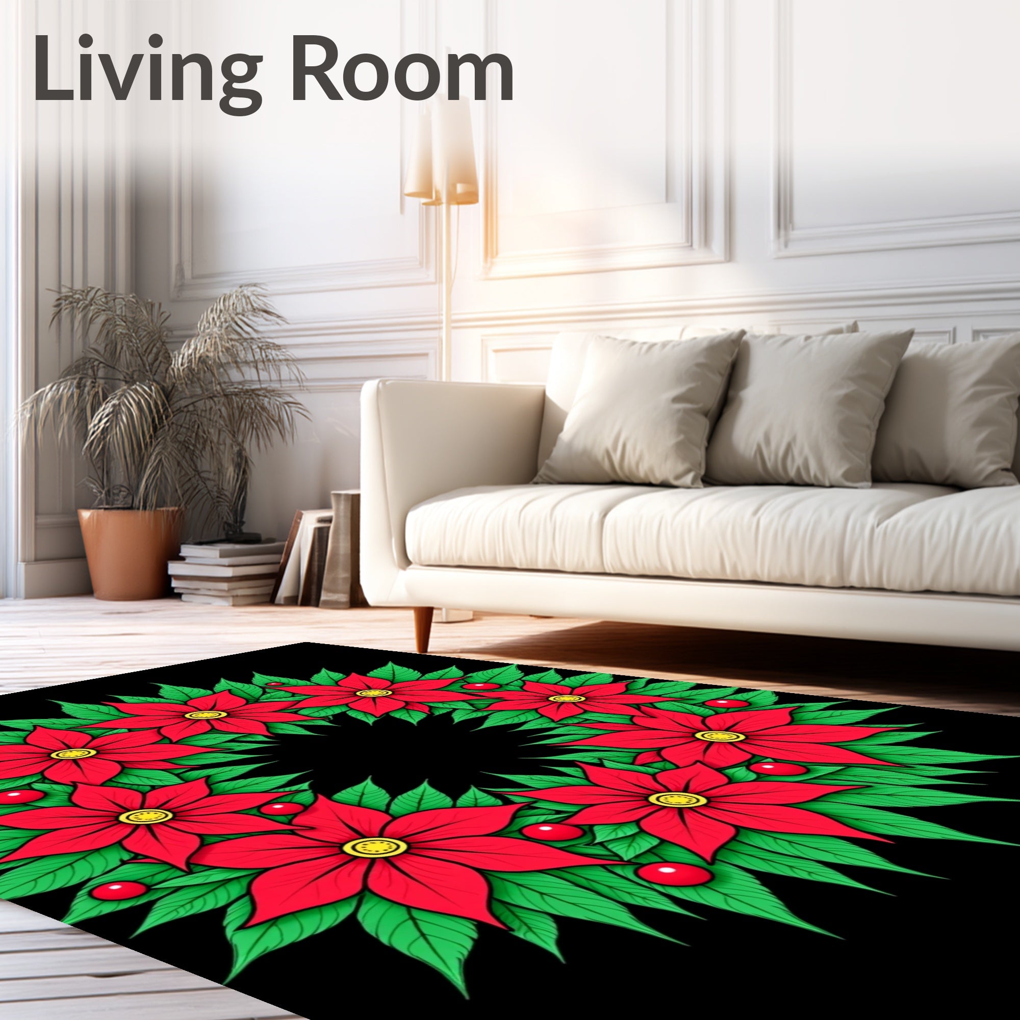 Red Poinsettia Green Leaf Wreath Rug