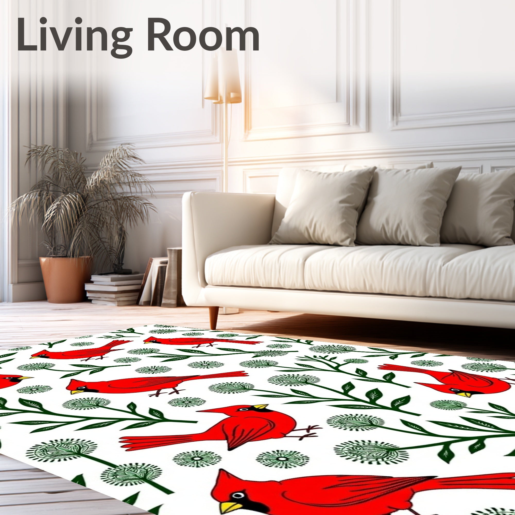 Whimsical Red Cardinal Green Dandelion Blooms Rug