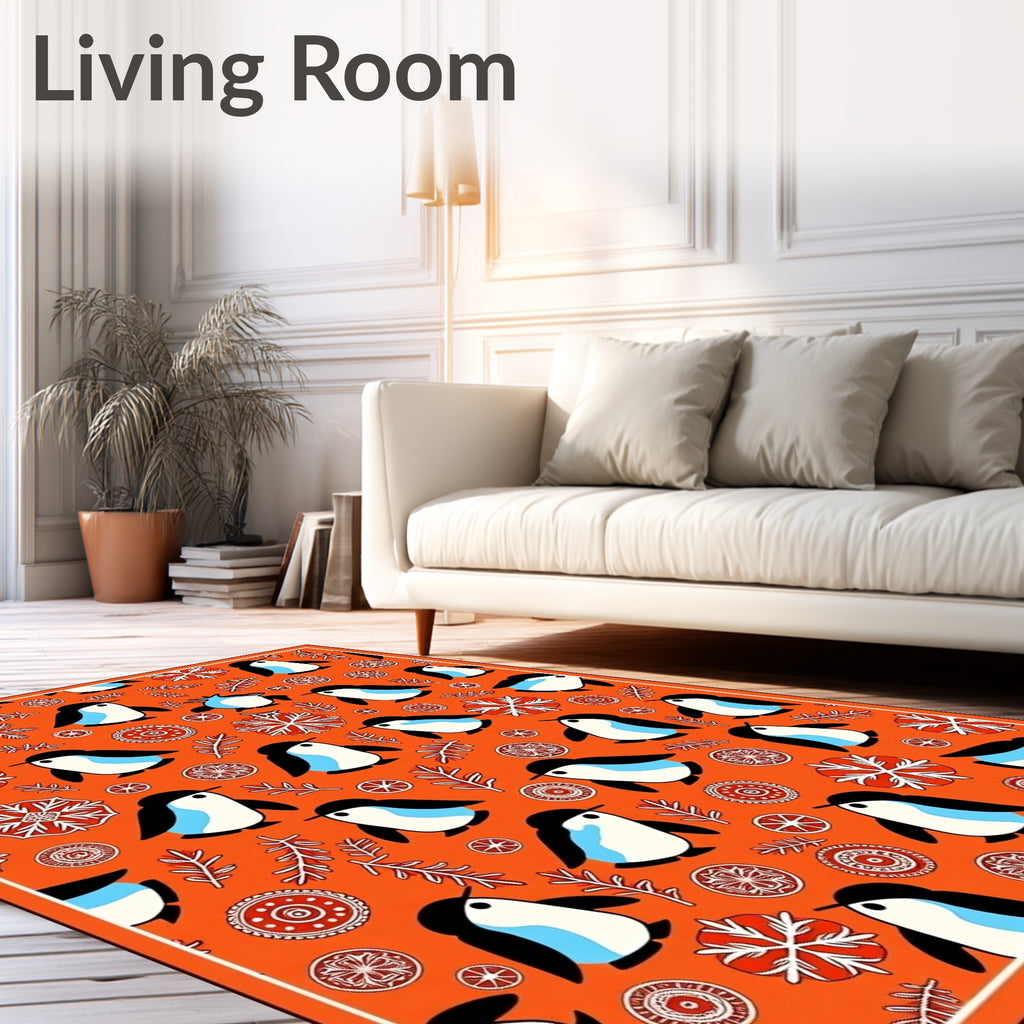 Whimsical Penguin Snowflakes Orange Rug