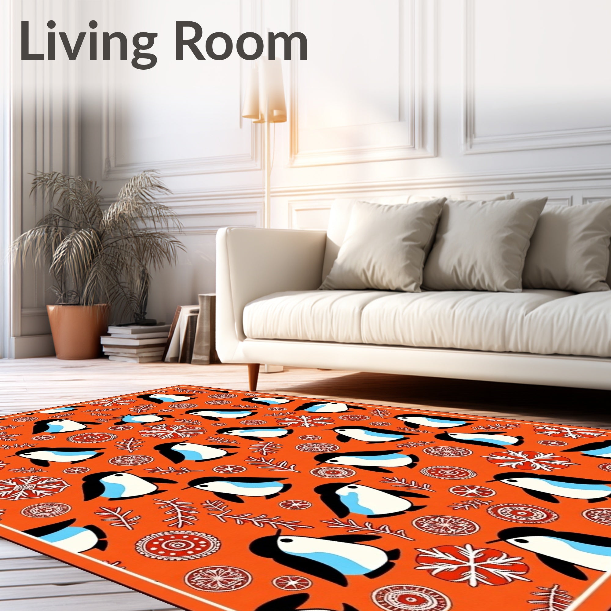 Whimsical Penguin Snowflakes Orange Rug