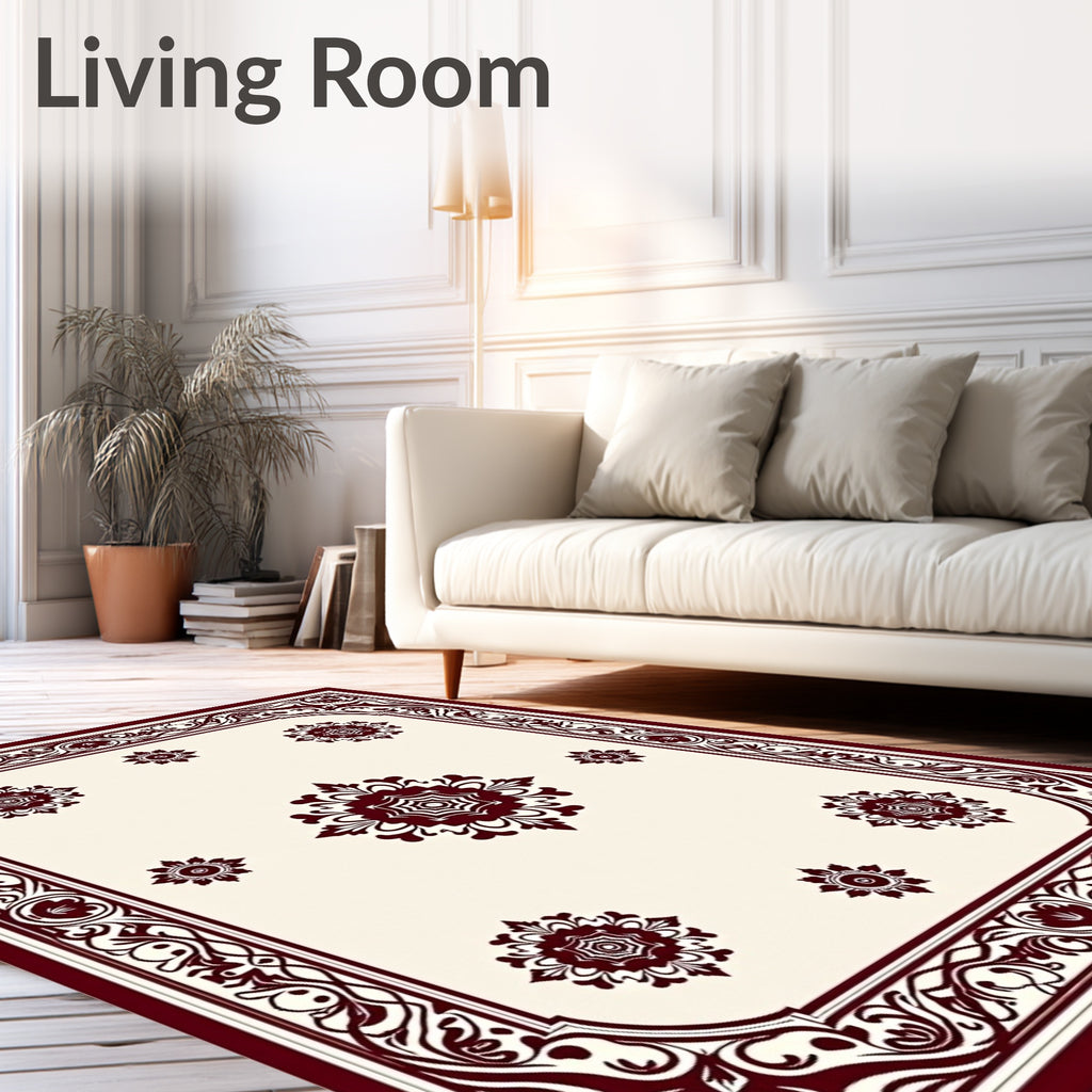 Cream and Burgundy Floral Medallion Rug
