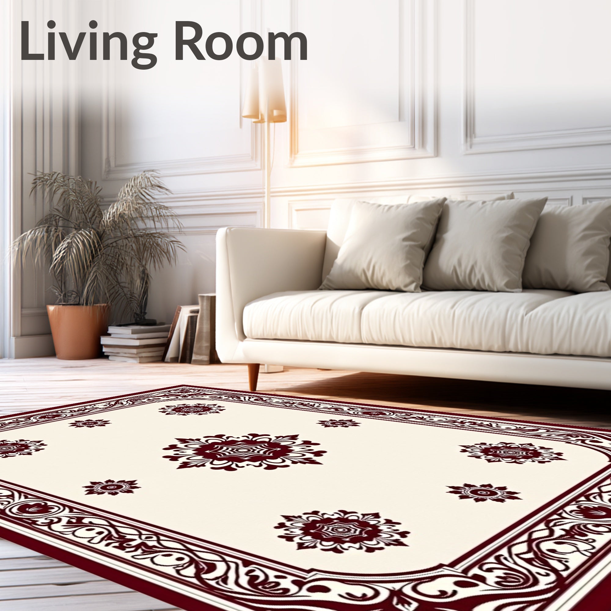 Cream and Burgundy Floral Medallion Rug