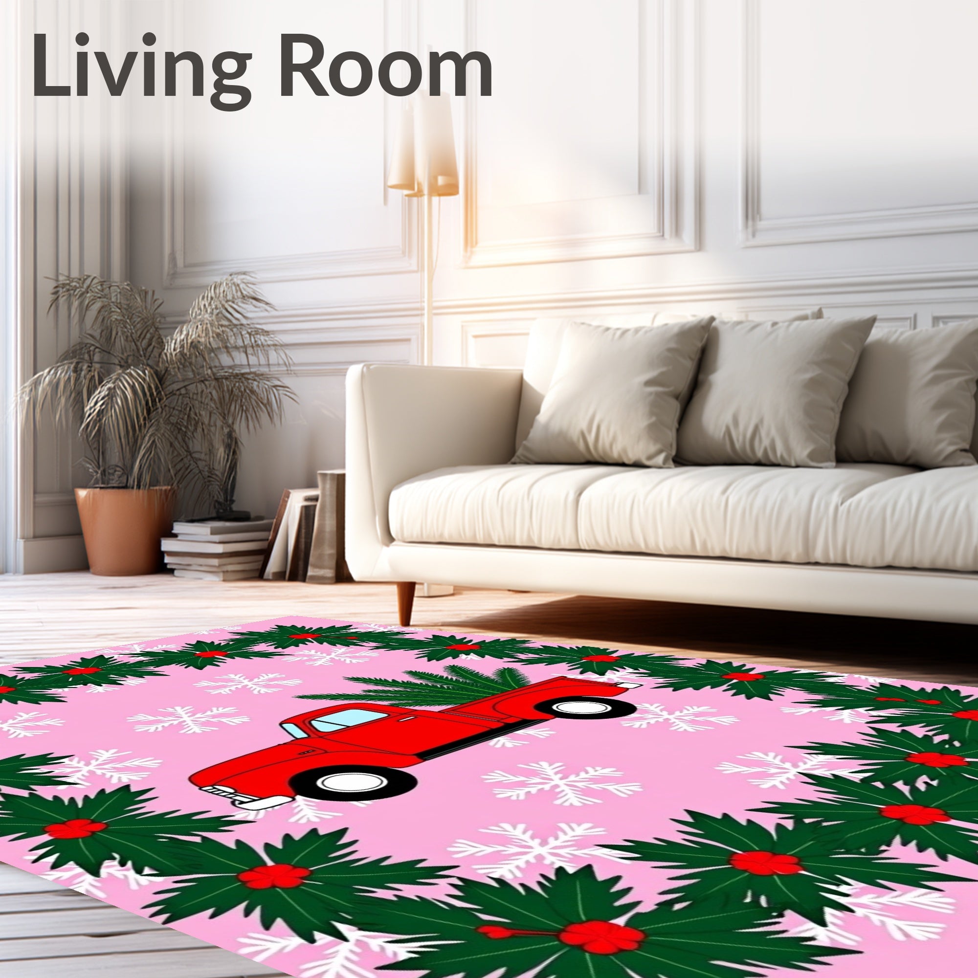 Retro Red Truck Holly Snowflakes Rug