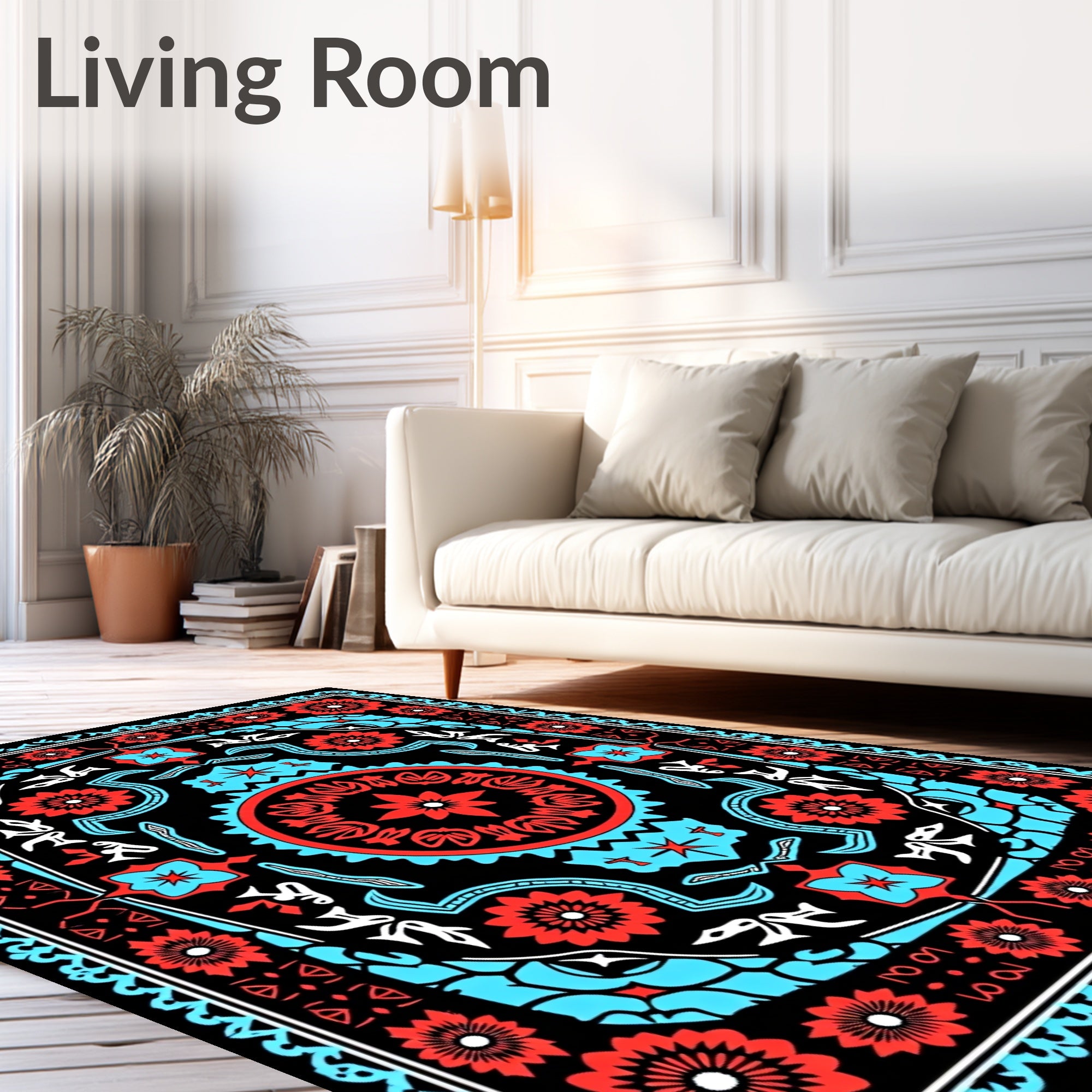 Vivid Scarlet Blue Floral Mandala Rug