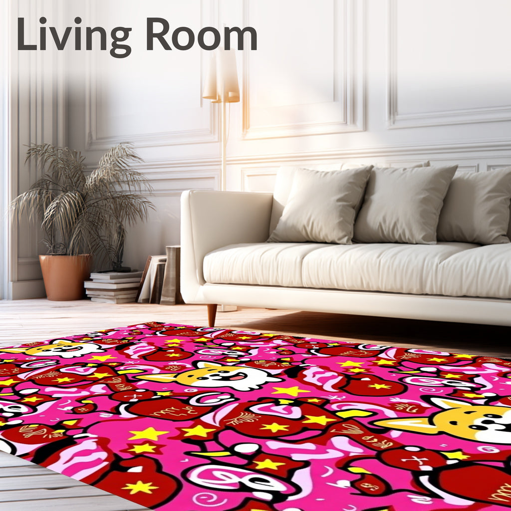 Playful Corgi Pink Red Star Pop Art Rug
