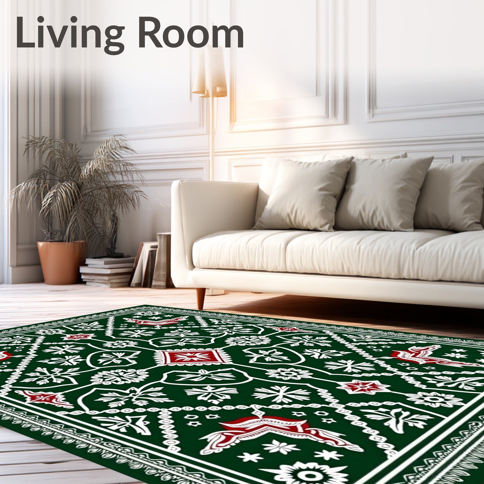 Deep Forest Green Red Medallion Rug