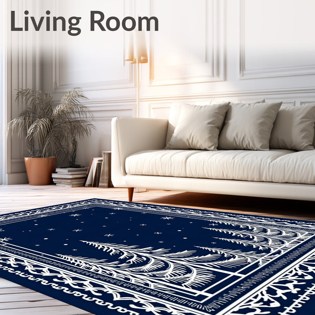 Midnight Blue Winter Forest Snowflakes Rug
