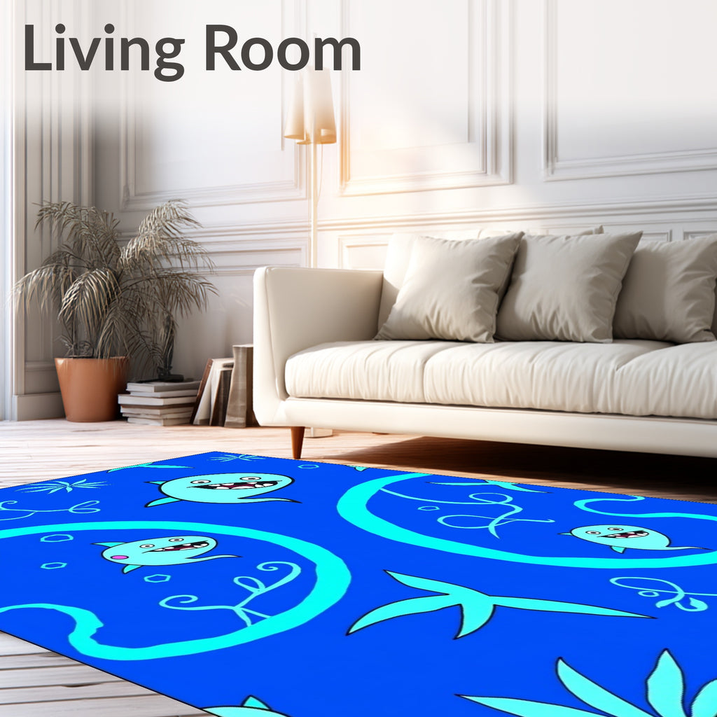 Whimsical Blue Cartoon Fish Swirl Rug