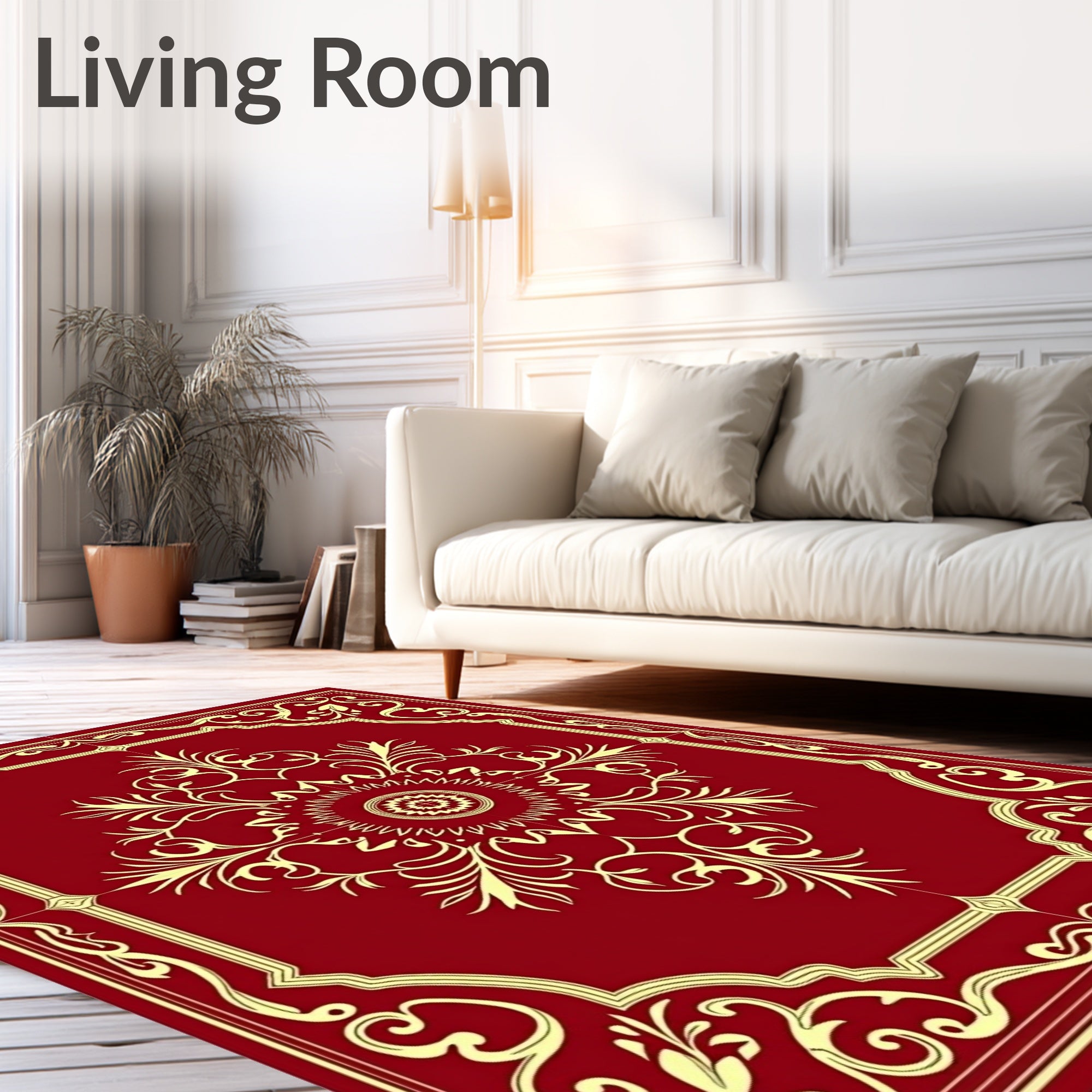 Crimson Golden Floral Medallion Frame Rug