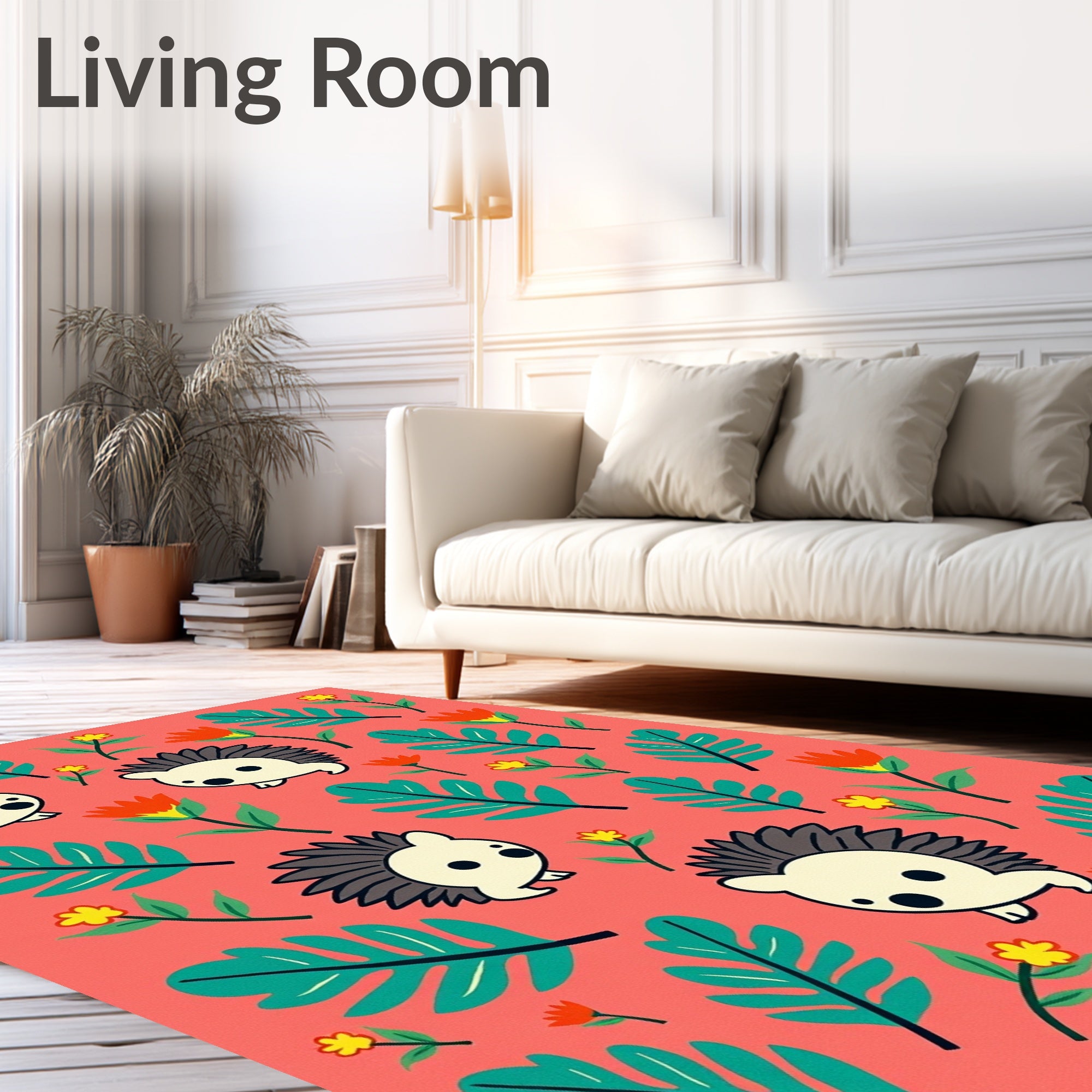 Cute Hedgehog Floral Garden Illustration Rug