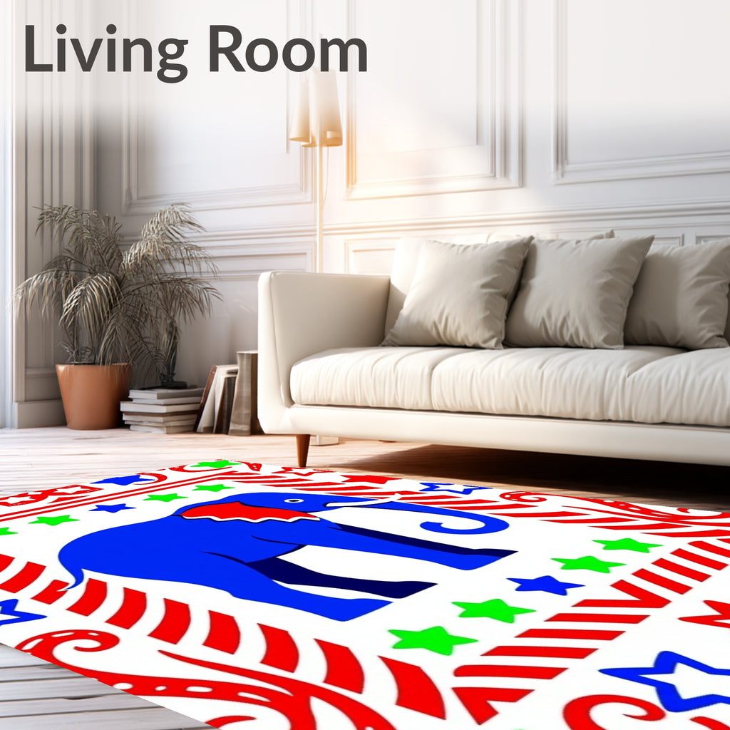 Bold Blue Elephant Red Stars Border Rug