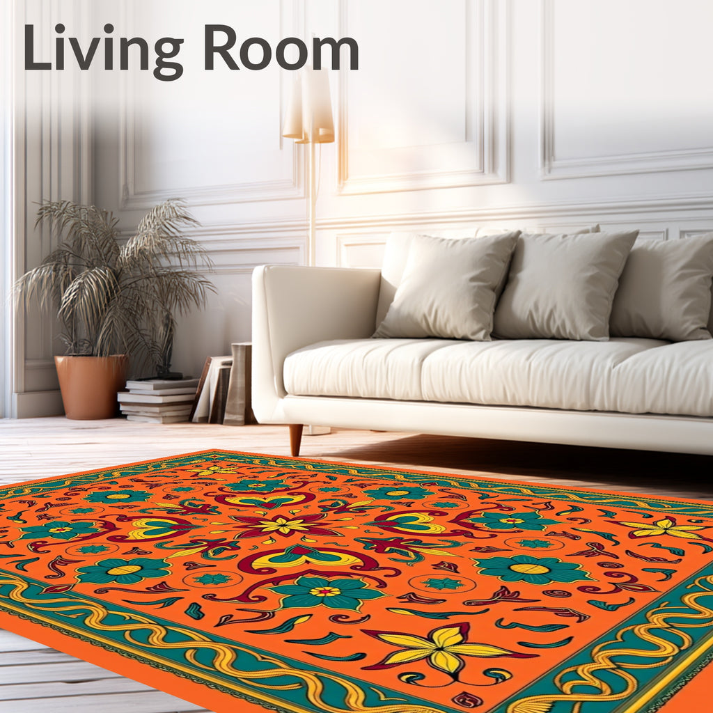 Vibrant Orange Floral Medallion Border Rug