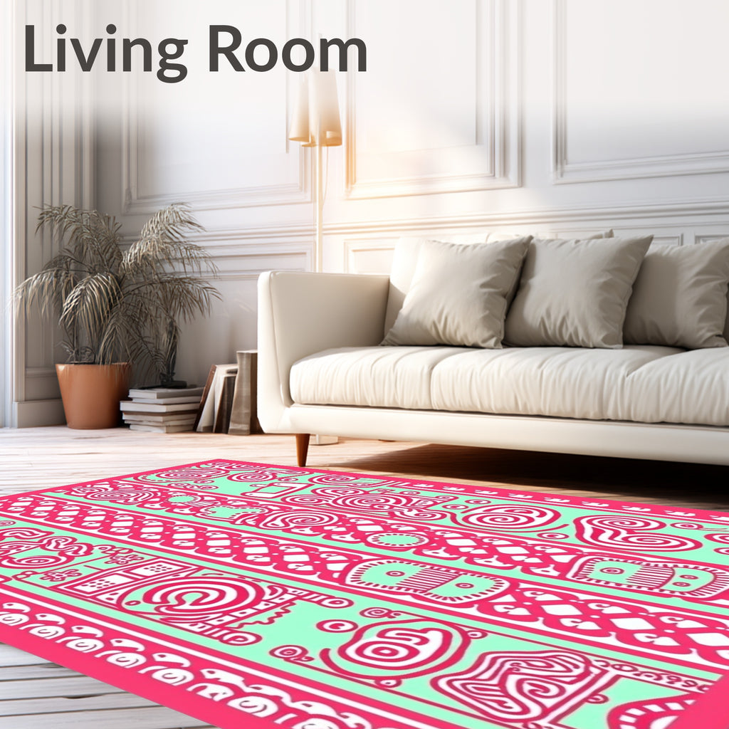 Pink Swirls And Shapes On Mint Rug