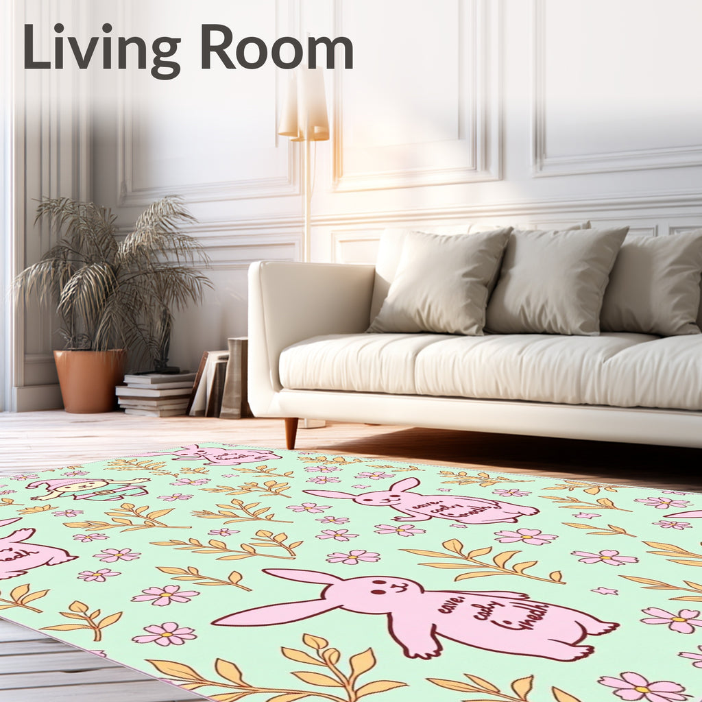 Pastel Pink Bunny Floral Garden Rug