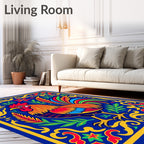 Vibrant Rooster Floral Blue Garden Rug