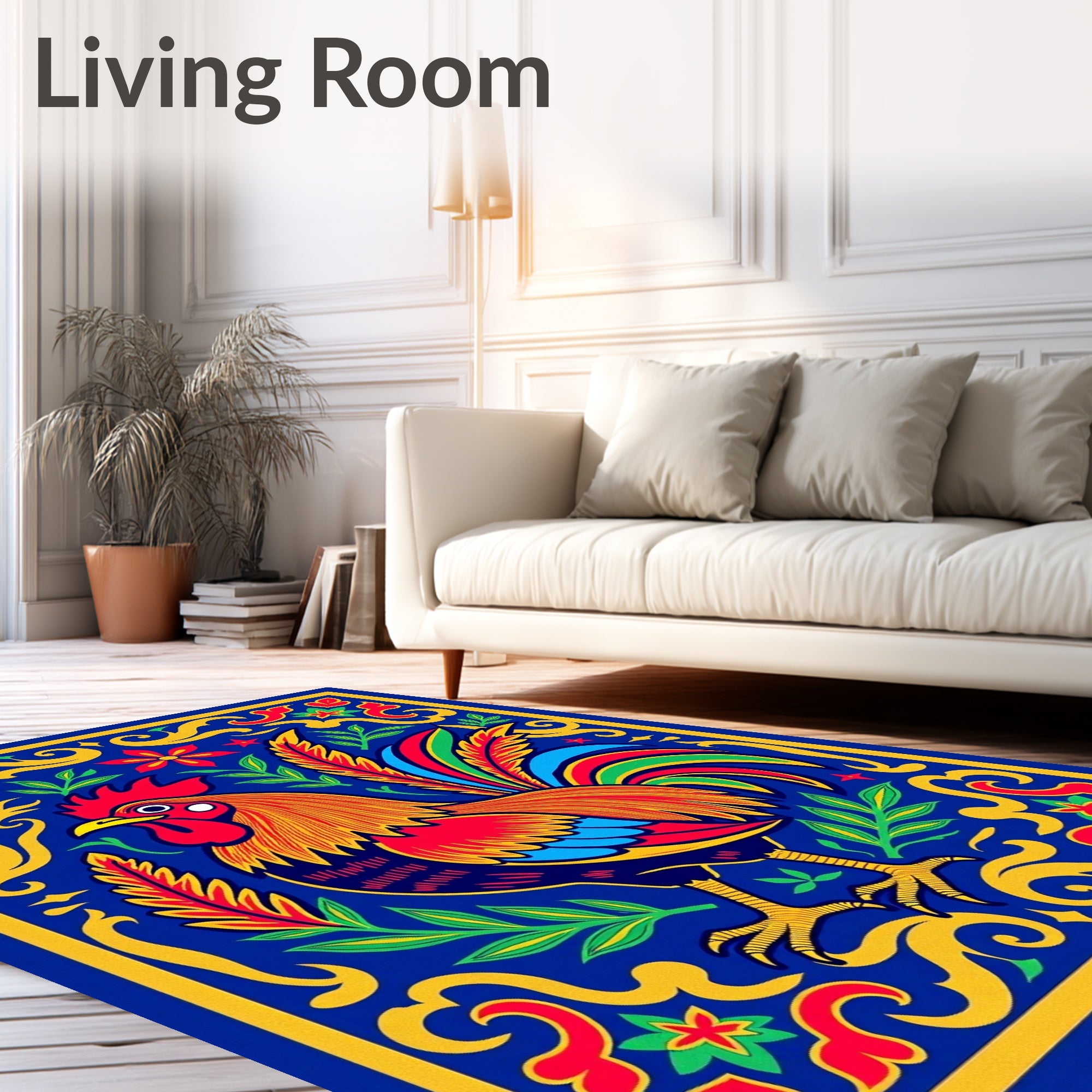 Vibrant Rooster Floral Blue Garden Rug