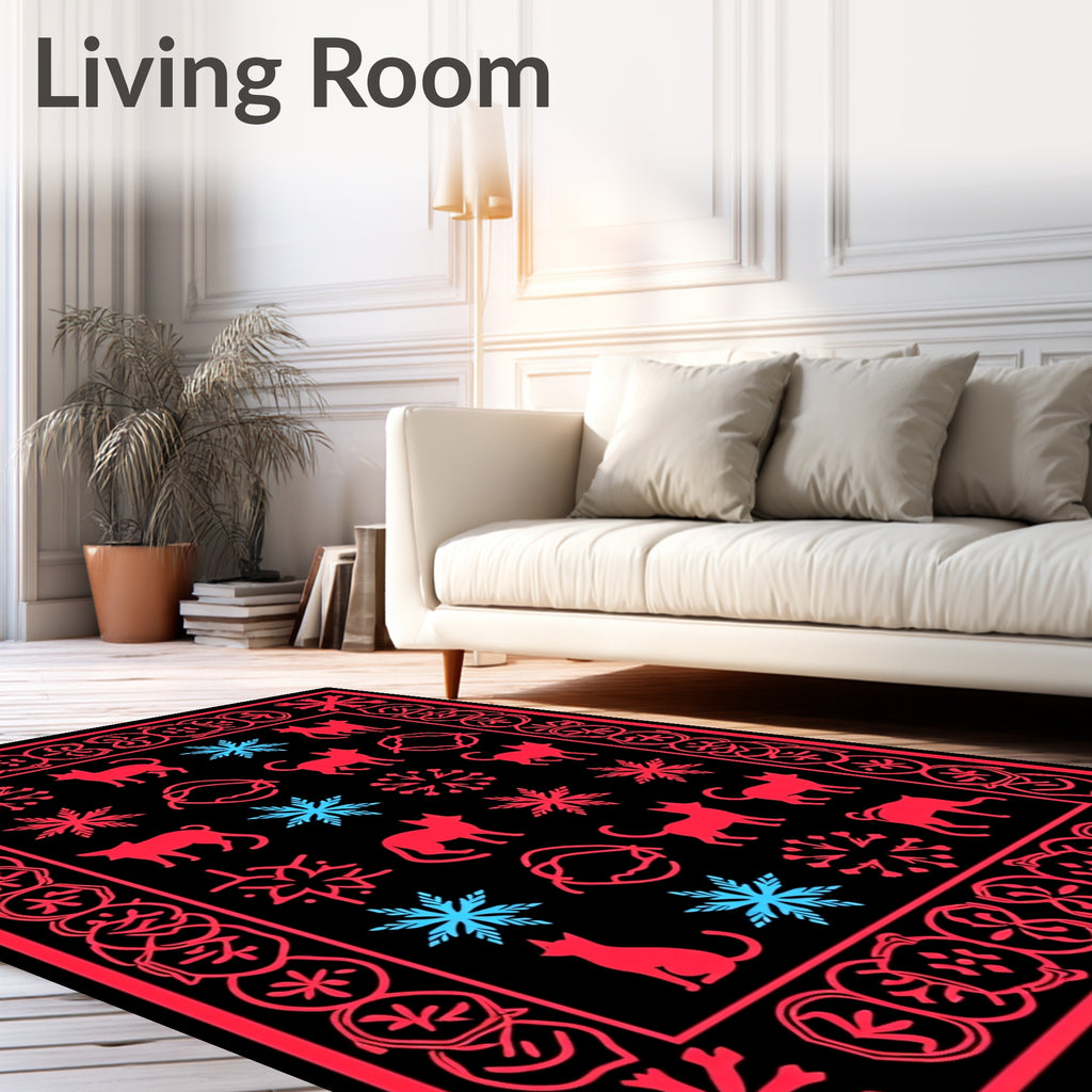 Red and Blue Cat Snowflake Border Rug