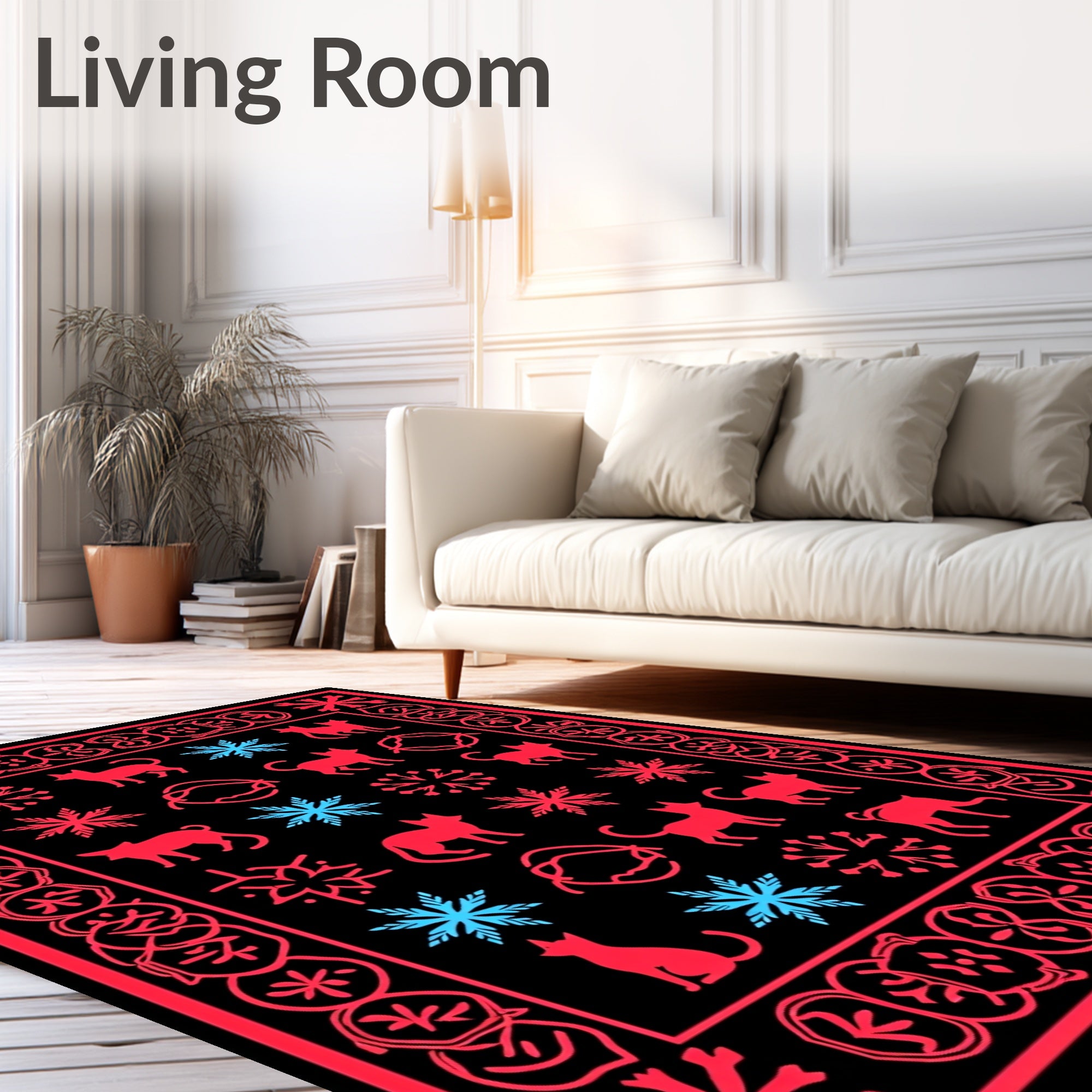 Red and Blue Cat Snowflake Border Rug
