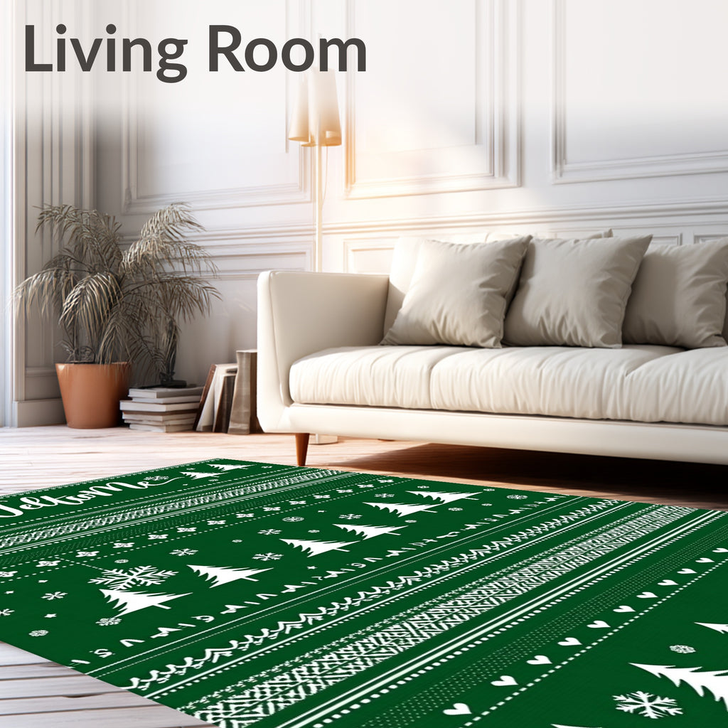 Green White Winter Tree Snowflake Rug