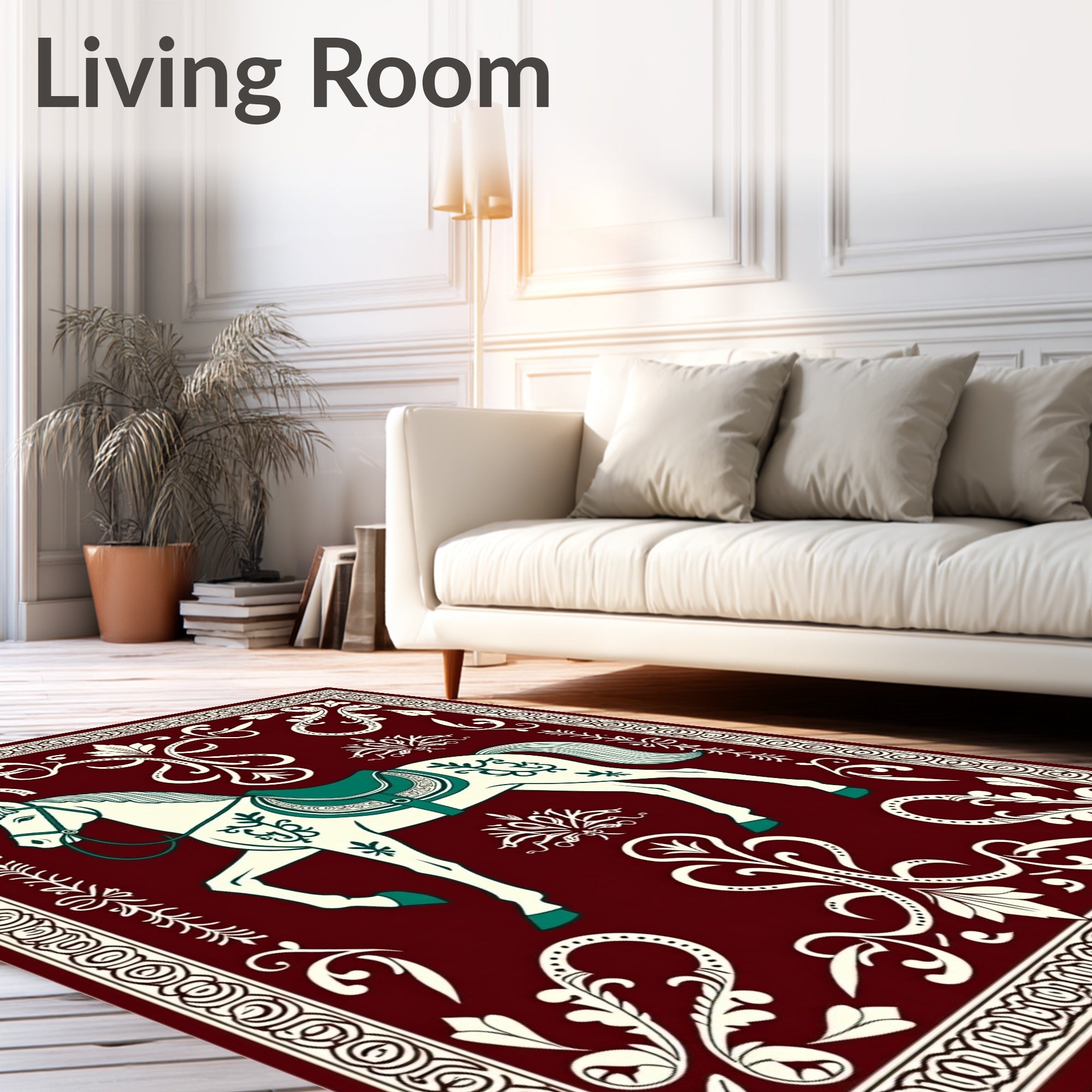 Crimson White Horse Floral Border Rug